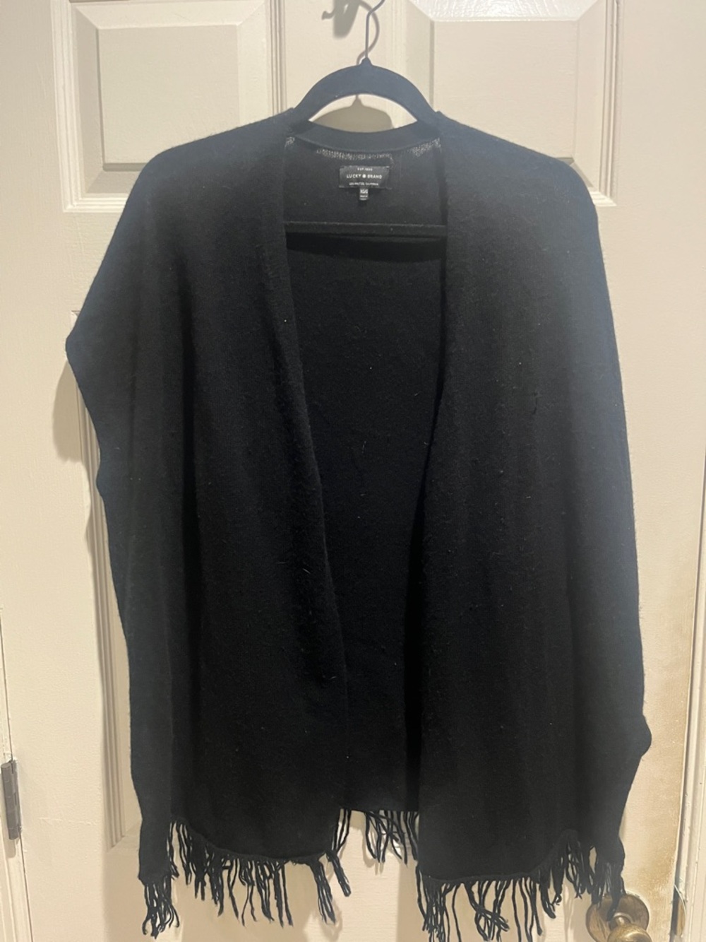 Lucky Brand Black Open-Front Fringed Poncho Sweater